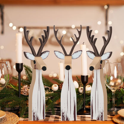 Syhood 3 Pcs Wooden Reindeer Figurines Reindeer Table Signs Deer Tiered Tray Decor Rustic Farmhouse Deer Tabletop Centerpiece for Winter Home Office Mantel Fireplace Shelf Desk Party Decorations