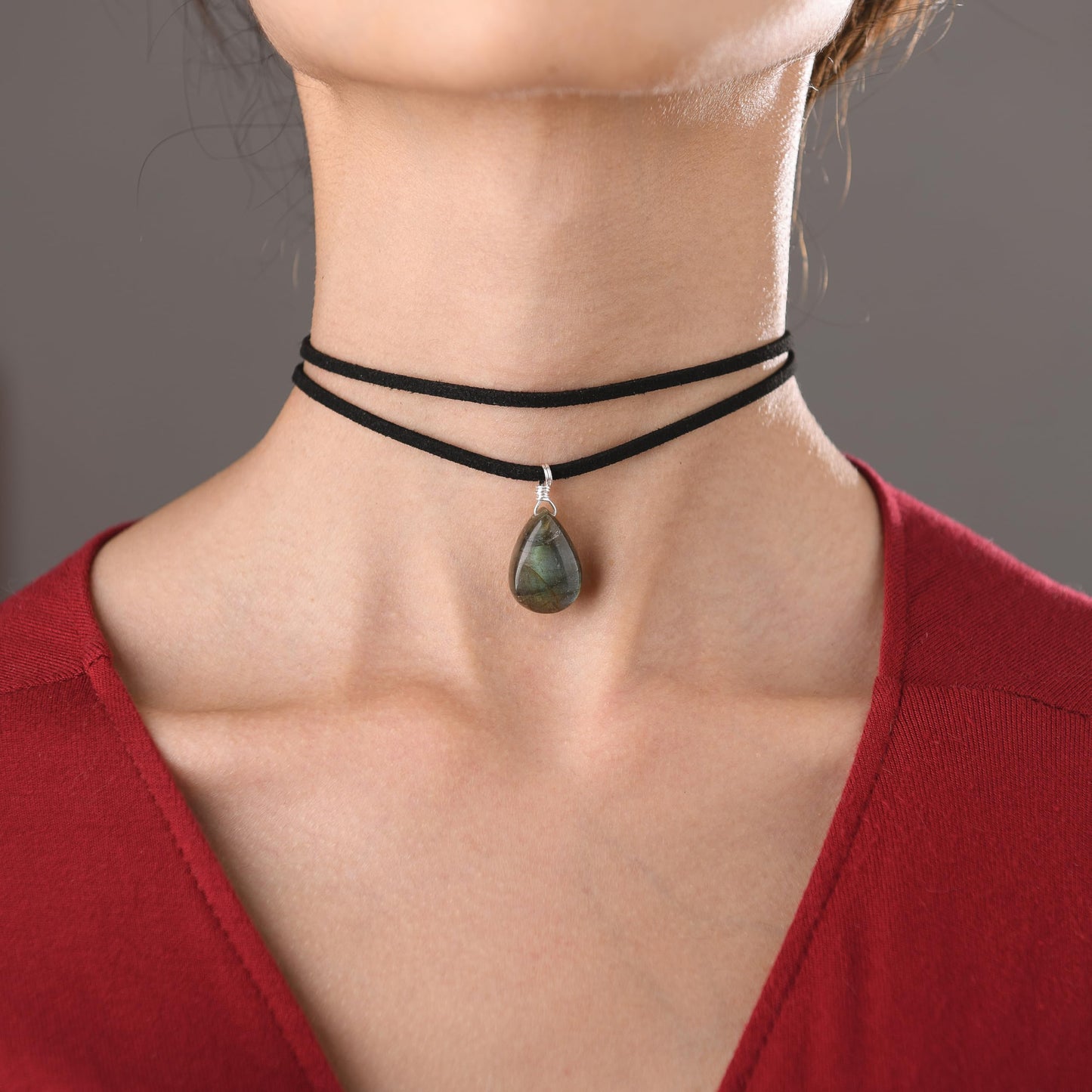 RareLove Black Leather Layering Choker Necklace for Women 925 Sterling Silver Teardrop Labradorite Stone Pendant Healing Crystal Necklace Gothic Boho Anxiety Jewelry