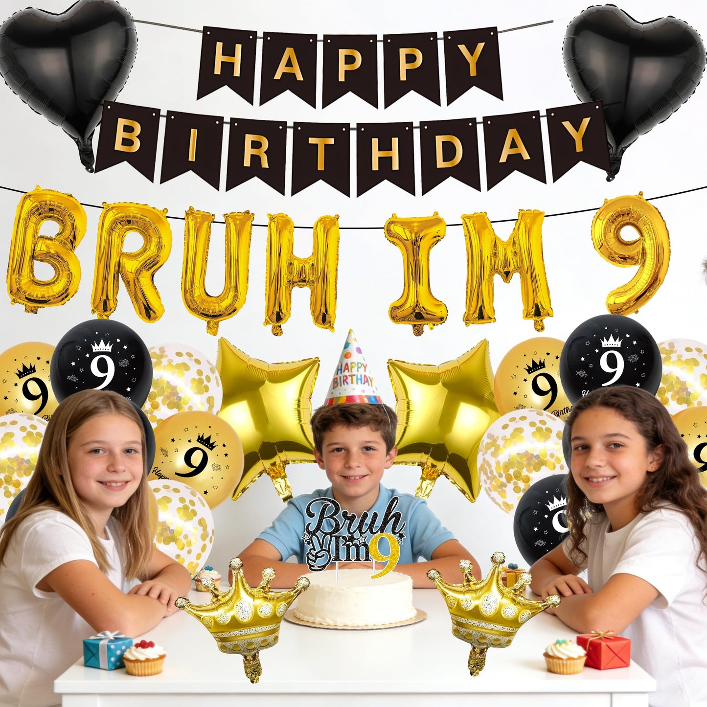 9th Birthday Decorations Balloons Boys - 33 Pcs Black Gold Happy Bday Banner Bruh Im 9 Letter Number Star Crown Foil Balloon Cake Topper Centerpieces Party Supplies for Nine Year Old Backdrop Decor