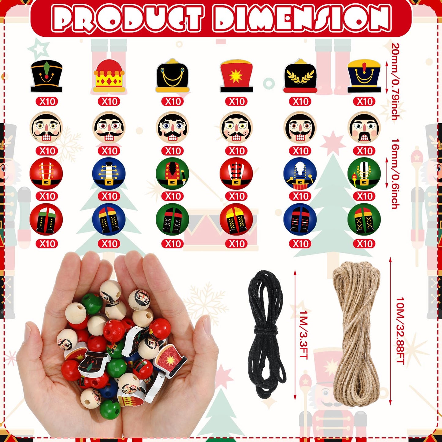 Cinnvoice 240 Pcs Summer Christmas in July Wood Beads with Twine Snowman Gingerbread Man Nutcracker Wooden Bead Garland DIY Crafts Round Beads for Xmas Party Decor(Classic Nutcracker)