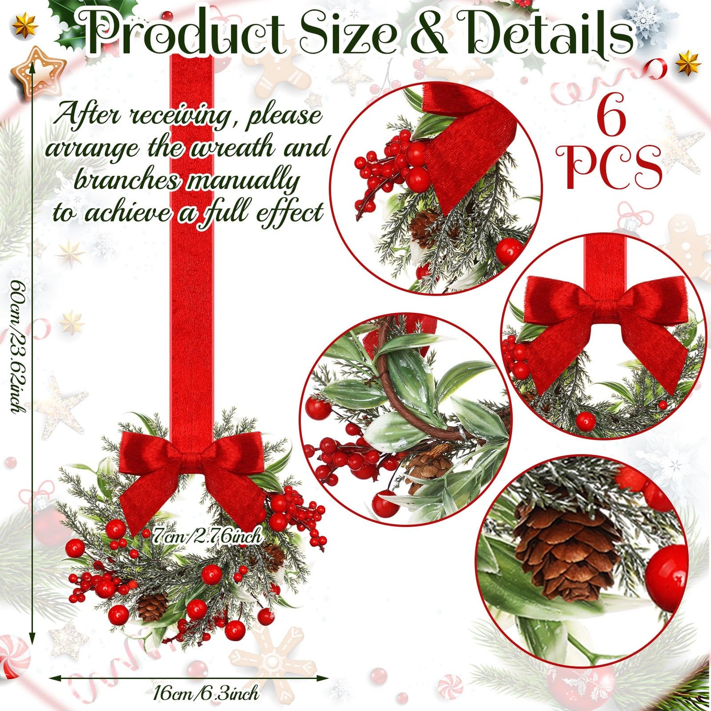 Dingion 6 Pcs 6" Christmas in July Mini Cabinet Wreaths for Kitchen with Ribbon Bows Red Berry Small Window Wreath for Window Door Farmhouse Christmas Party Decorations