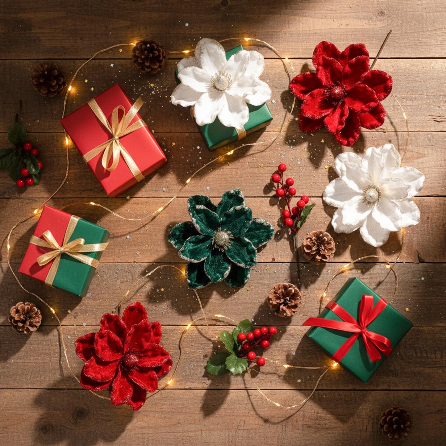 Suncalla 24 Pcs Christmas Velvet Magnolia Flowers Large Artificial Poinsettia Flower Picks 8'' Christmas Glitter Magnolia Floral Picks Stems for Xmas Tree Party (Burgundy Brown Green Cream White)