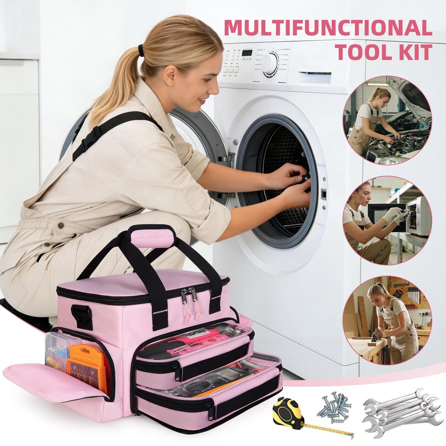 Trahzia Pink Tool Bag for Women with 2 Clear Pouches, 12-inch Tool Storage Organizer, Double Layer Tool Box for Electrician, Carpenters, Repairman, Pink