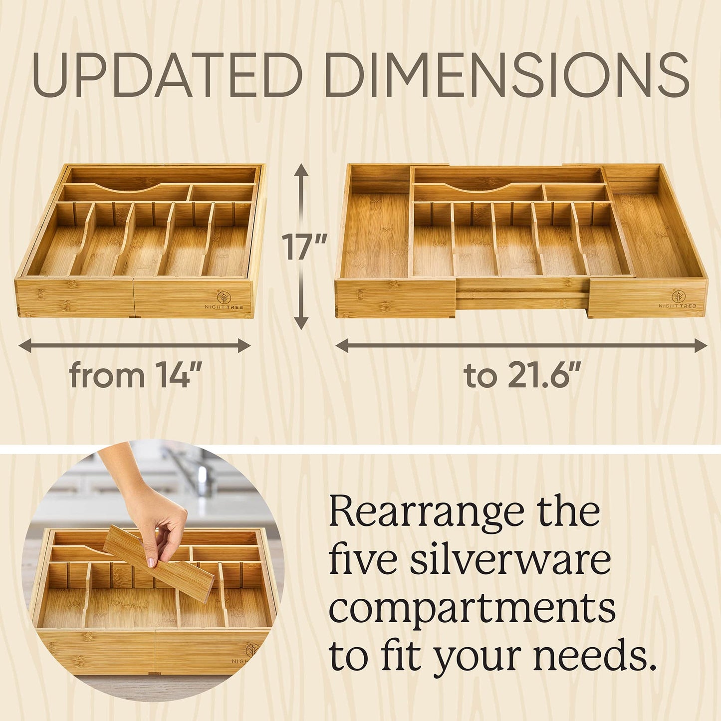 Night Tree 2.5” Extra Deep Silverware Drawer Organizer with Adjustable Dividers – Expandable Bamboo Flatware Tray for Kitchen, Reinforced Wood Cutlery Holder (14"-21.6" Wide)