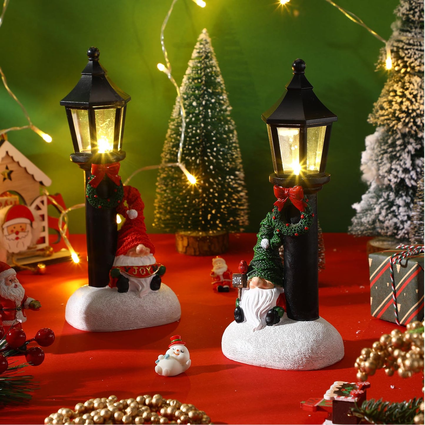 GlikCeil 2 Pcs Christmas Gnome Decorations 10" Resin Christmas Lighted Gnomes Figurines Table Decor Xmas Battery Operated Mini Street Statue for Home Fireplace Shelf