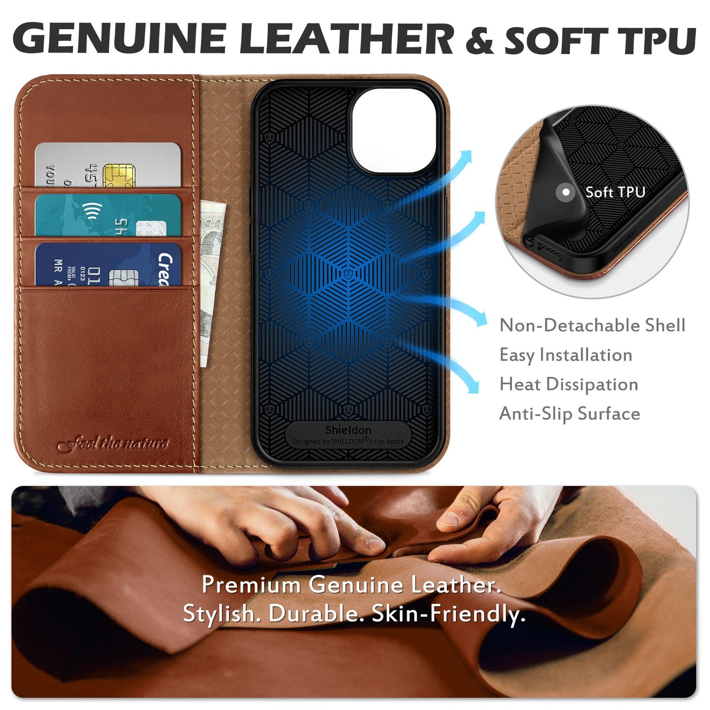 SHIELDON Wallet Case for iPhone 13 5G, Genuine Leather Folio Case Magnetic Shock Absorbing Cover RFID Blocking Credit Card Holder Kickstand Compatible with iPhone 13 6.1" 2021 - Retro Brown