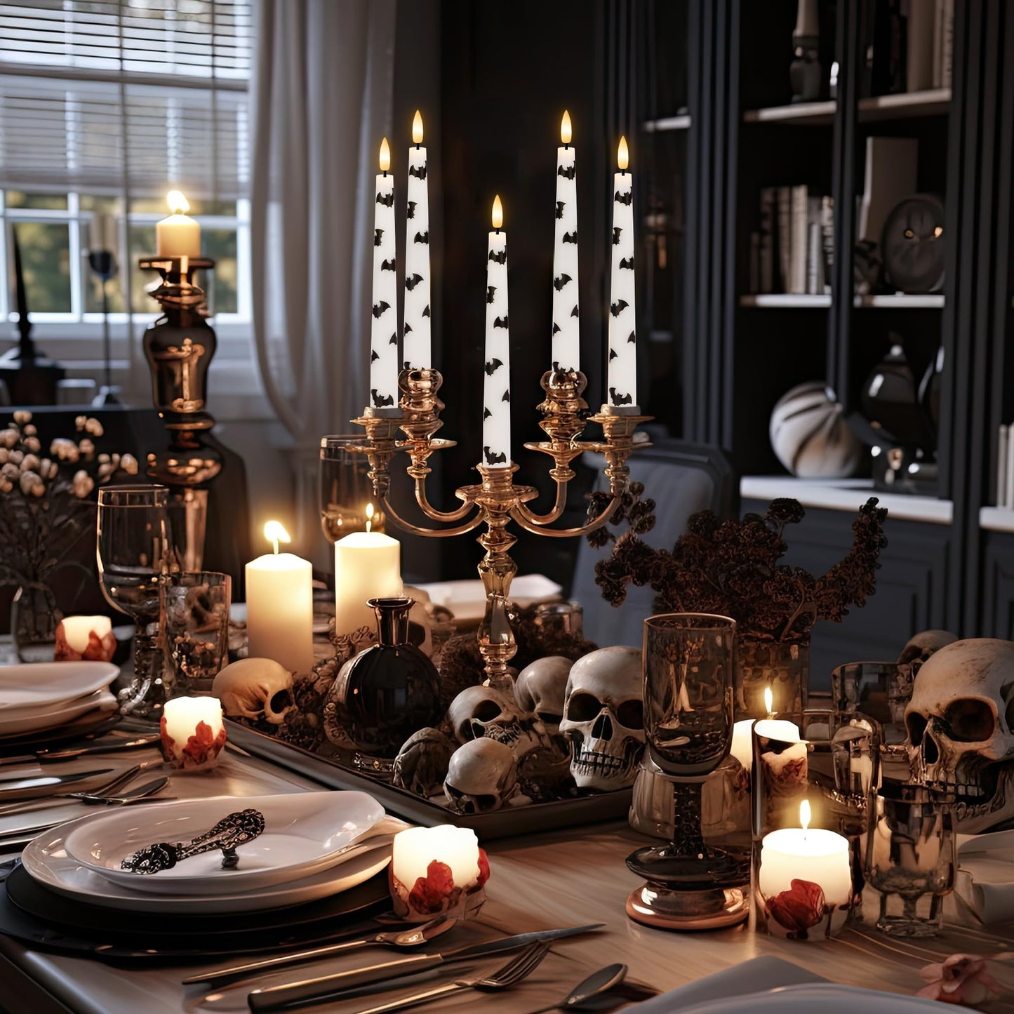 AFINETH Halloween Taper Candles with Bats, 9.6”Real Wax Flameless Taper Candles with Remote & Timer, 3 Pack Battery Operated Halloween Led Candlesticks for Party Home Decor