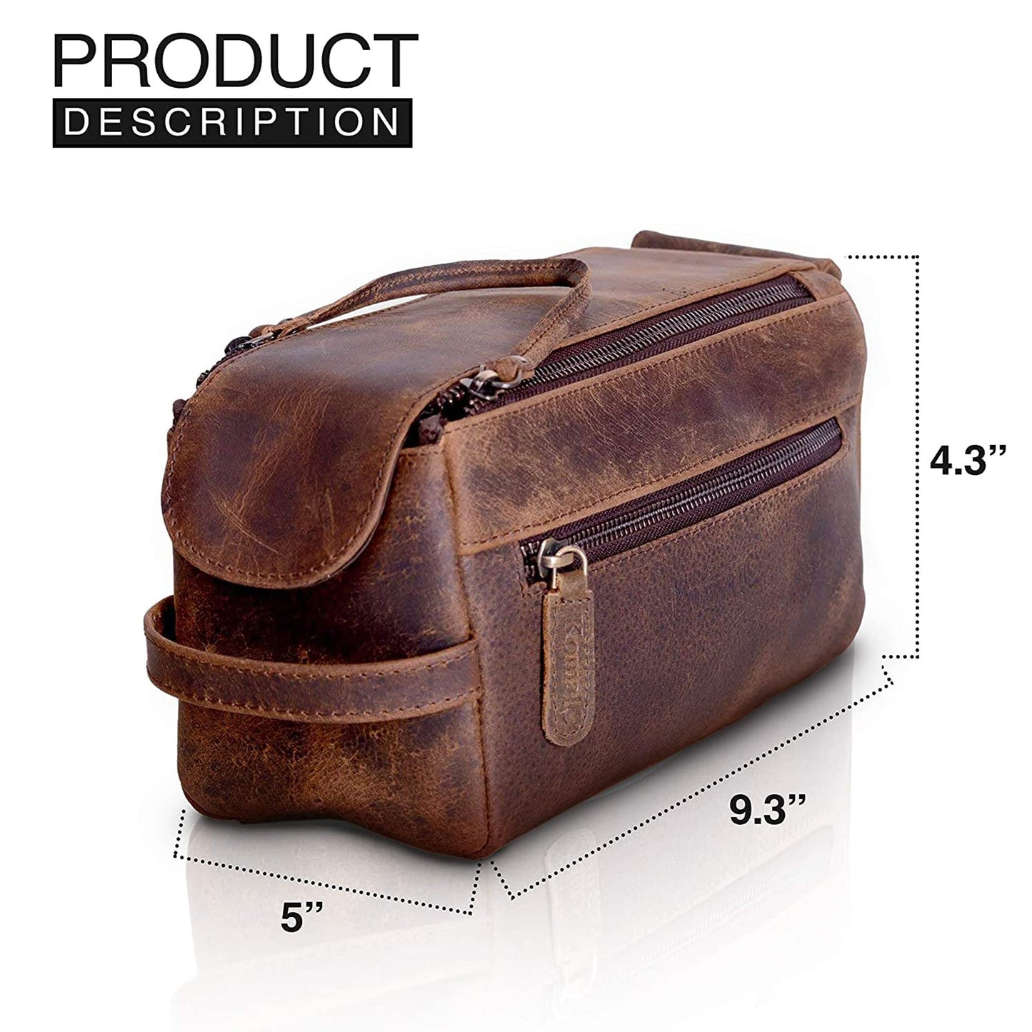 KomalC Premium Buffalo Leather Toiletry Bag for Men & Women – Leather Shaving Kit With Water resistant Lining, Premium Toiletry Travel Pouch, Unisex Wash Bag for Toiletries, Gifts for Men and Women