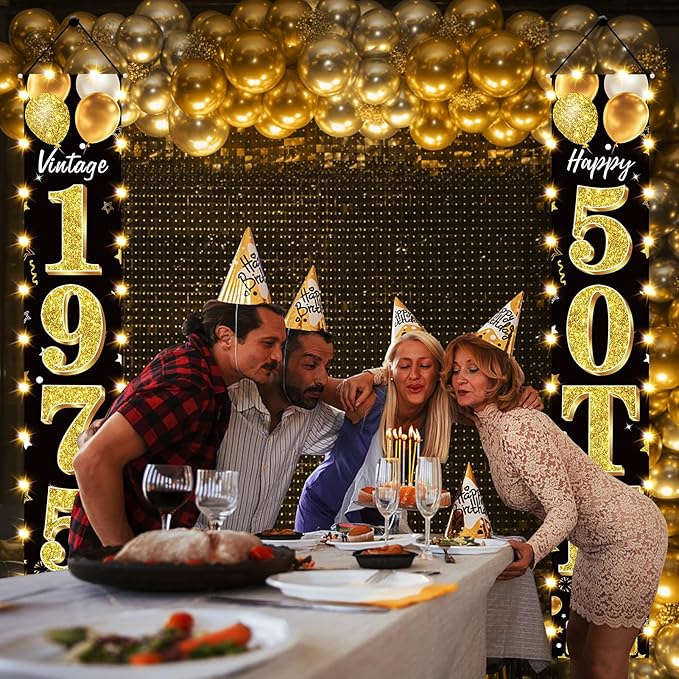 50th Birthday Party Banner Lighted Decorations for Men and Women - Black Gold Vintage 1975 50th Birthday Door Banners with LED Light, Fifty Years Birthday Party Supplies for Indoor Outdoor Decor