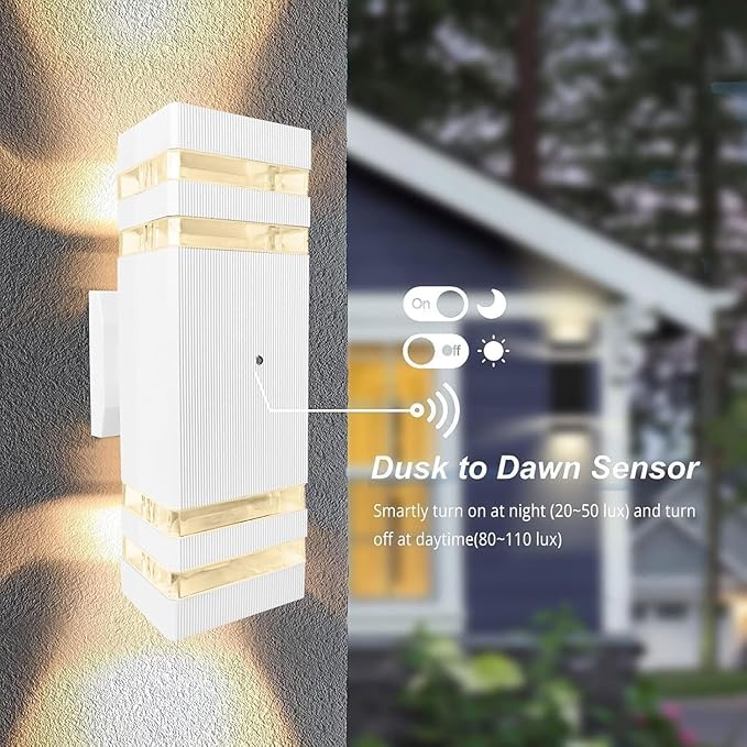 White Dusk to Dawn Sensor Outdoor Wall Lights, 2 Pack Up and Down Lights Outdoor Wall Mount Light, Aluminum Exterior Wall Sconces Waterproof Outside Lights for Porch Hallway Patio