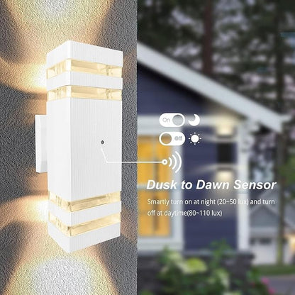 White Dusk to Dawn Sensor Outdoor Wall Lights, 2 Pack Up and Down Lights Outdoor Wall Mount Light, Aluminum Exterior Wall Sconces Waterproof Outside Lights for Porch Hallway Patio