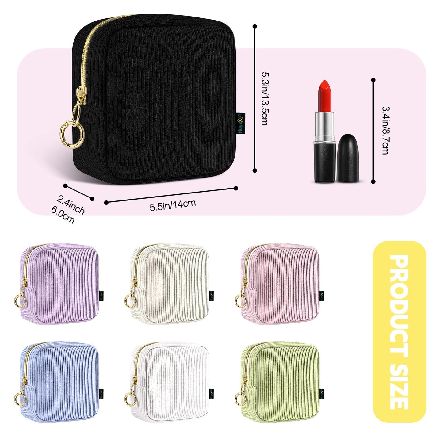 Playexen 5.5" Small Makeup Bag, Corduroy Small Cosmetics Bag for Purse, Portable Mini Travel Makeup Pouch with Ring Buckle & 2 Inner Pockets for Women (Green)