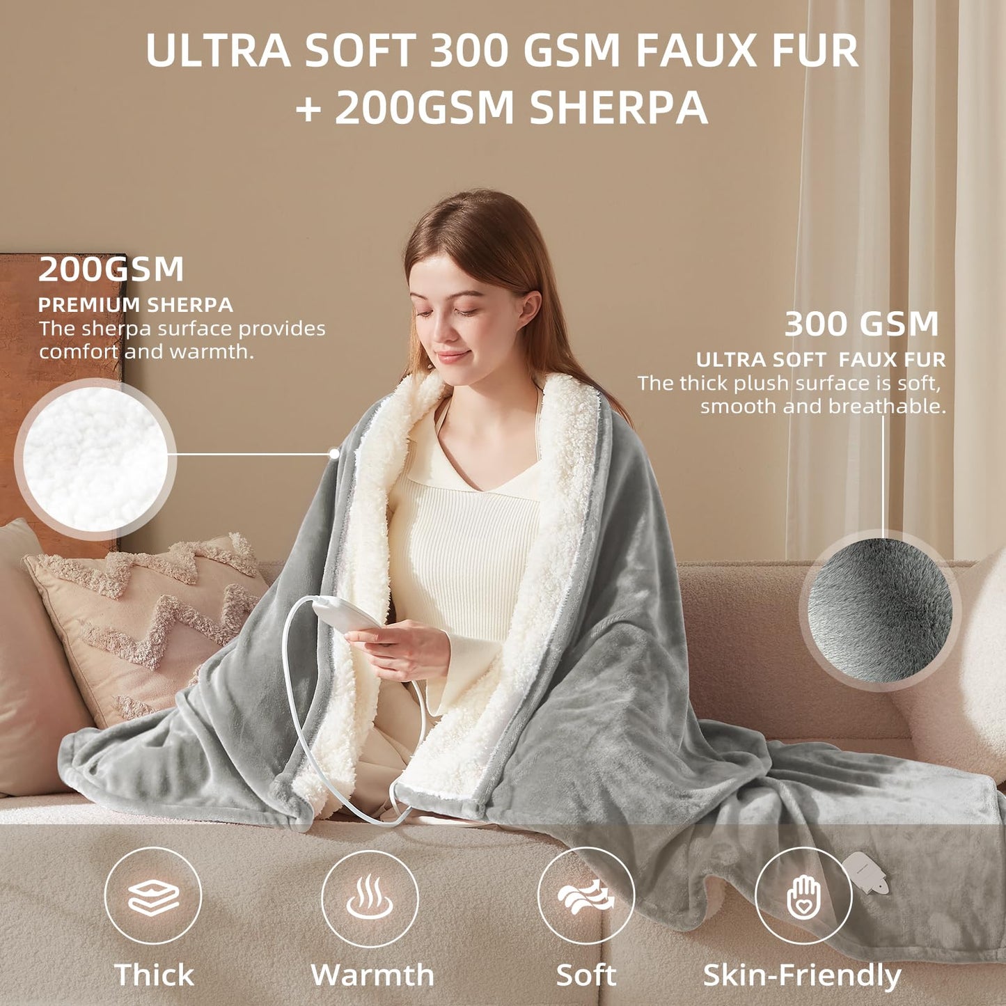 Bwarm Heated Blanket Faux Fur Electric Throw Blanket Sherpa Fleece Touch Screen Women Gift,Faux Christmas Fur Blanket for Couch, Sofa, Bed Gray 50x60 Inches