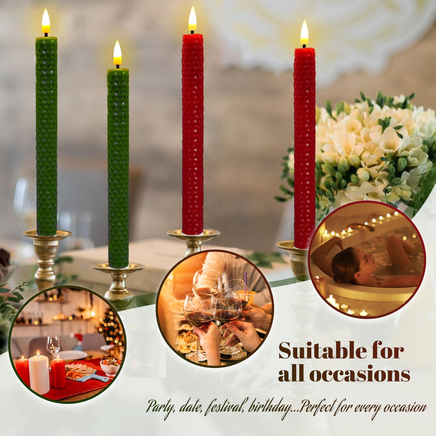 FCMSHAMD Christmas Red&Green Honeycomb Flameless Taper Candles, 9.5 Inch Flickering Candles with Remote and Timer, Real Beeswax Battery Operated Led Candle for Christmas Party Home Decoration, 6PCS