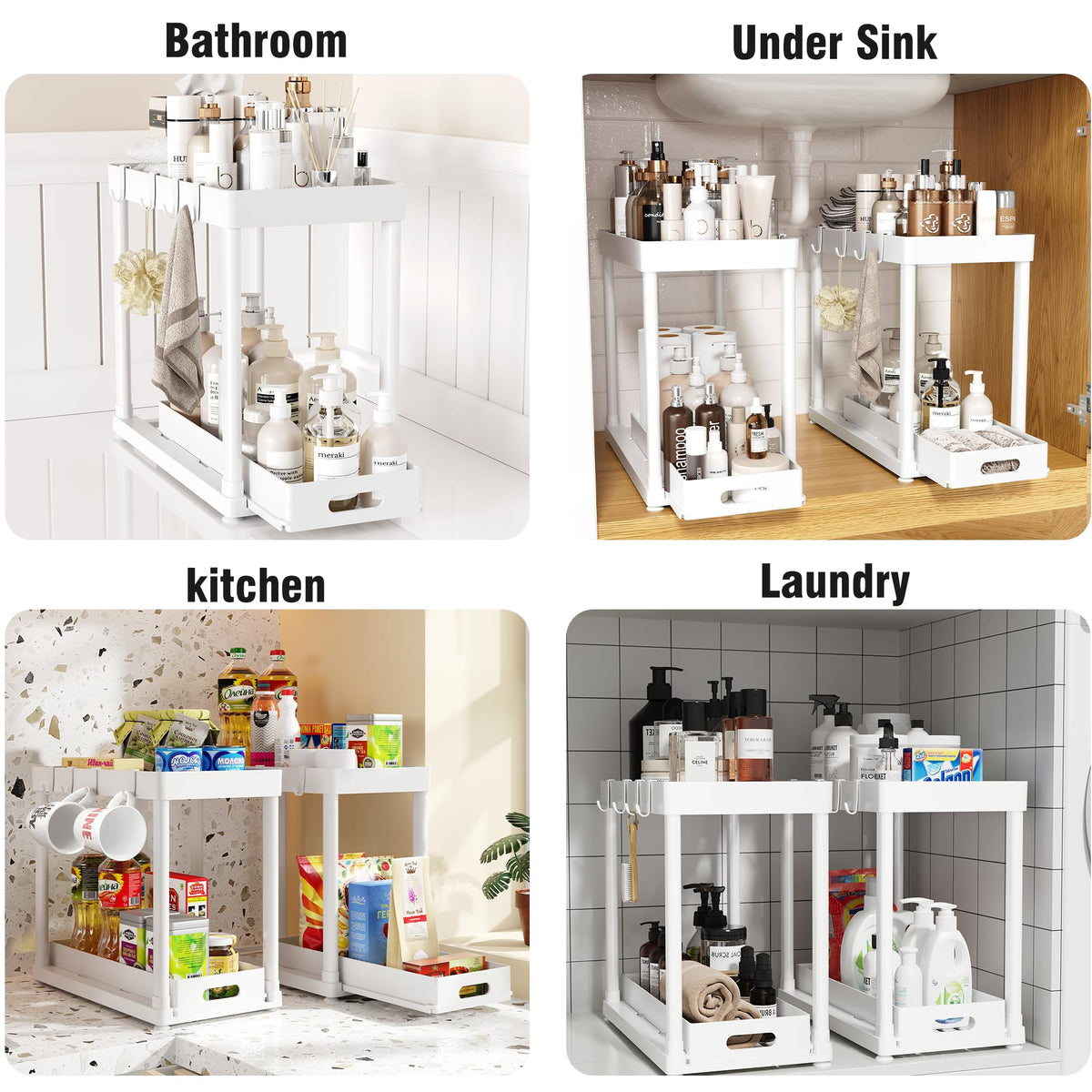 2PC Under Sink Organizer Rack 2 Tier Under Sliding Cabinet Basket Organizer Drawer with 4 Hooks, Multi-purpose Under Sink Storage for Bathroom Kitchen Desktop（Black）