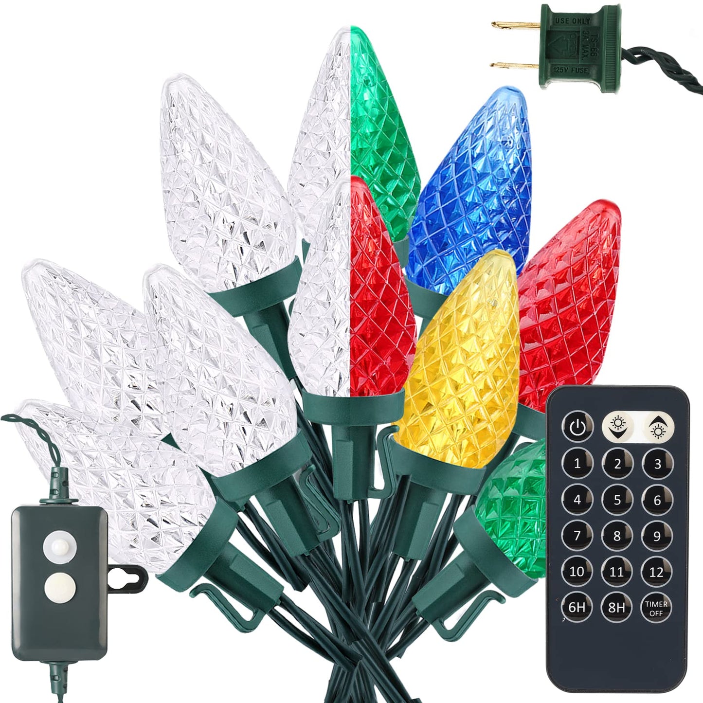 ODEETRONIC Cool White & Multicolor Christmas Lights, 33ft 50 LED C9 Color Changing Tree Lights, Connectable 12 Modes Outdoor Xmas Light with Remote, Dimmable Twinkle Light for Home Party Wedding