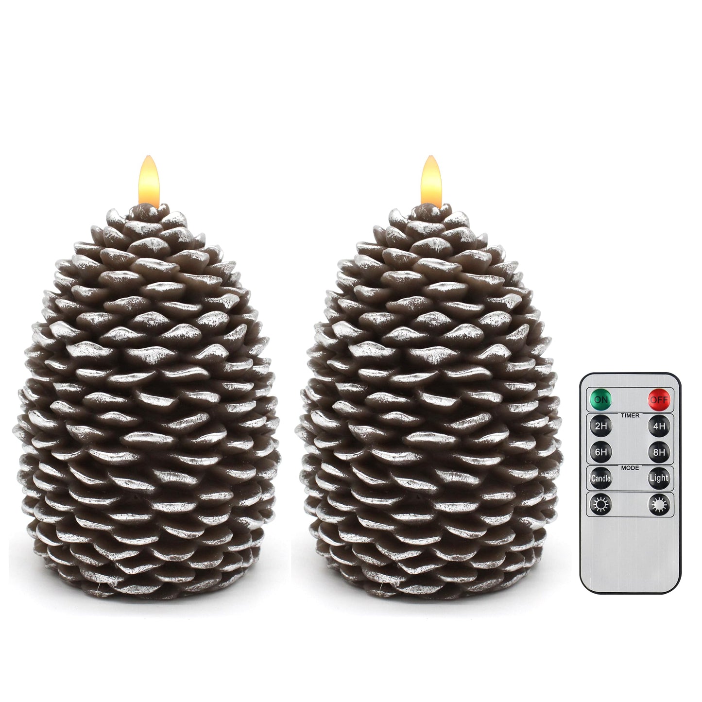 CVHOMEDECO. Pine Cone Candles Battery Operated Pinecones with Remote and Timer, Pine Cones Candle LED Flameless Flickering Candles for Fall, Christmas Decor. Silver-Brown, H 6.5 Inch, Pack of 2