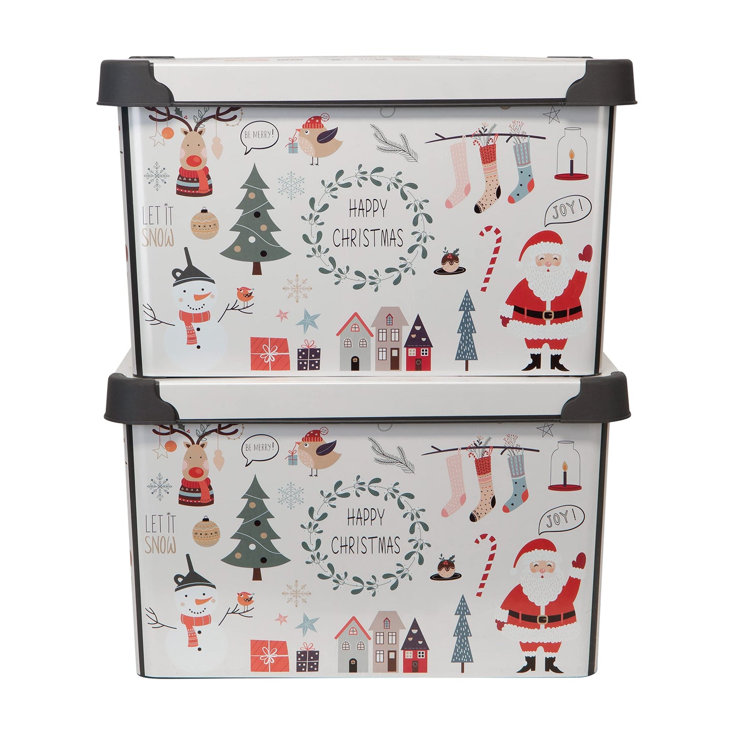 Simplify “Happy Christmas” Design Storage Bin | Christmas Tote | Holiday Décor Decorations Organizer | Lidded | Stackable | White