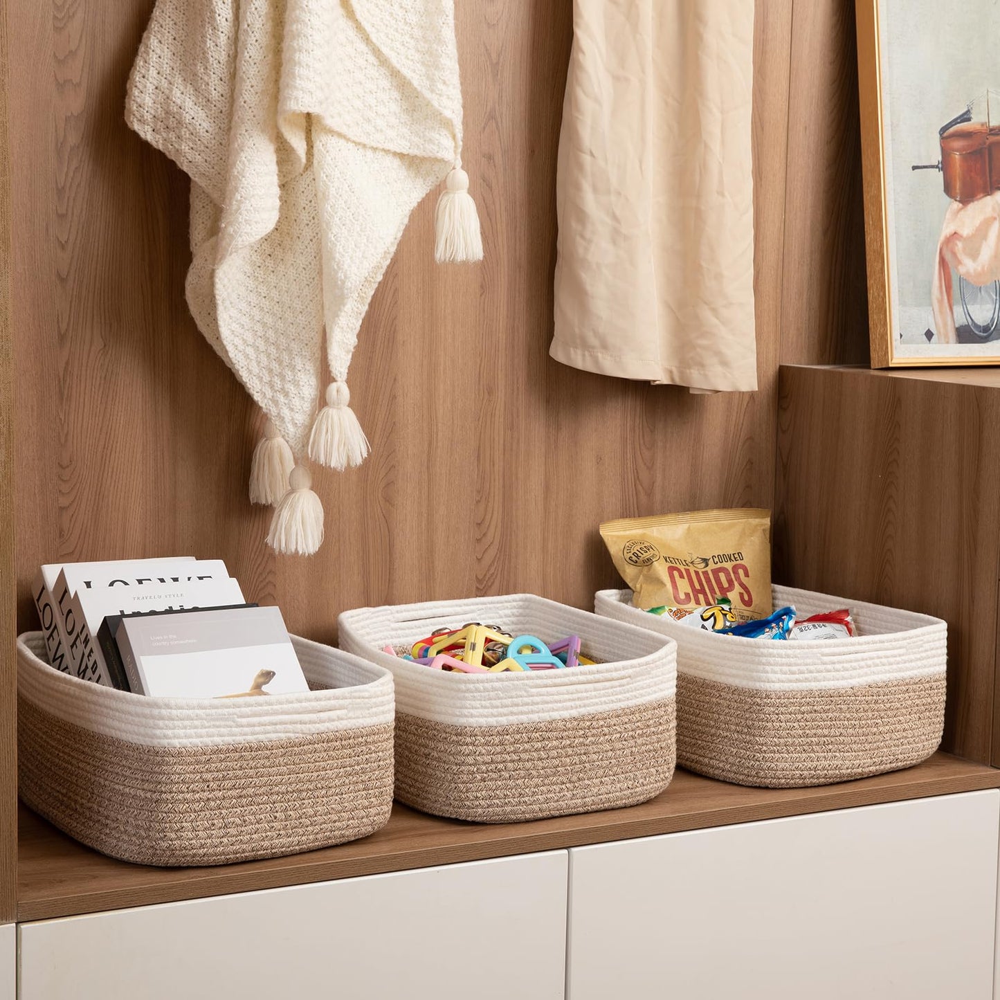 OIASKET Storage Baskets for Organizing 3 Pack, Woven Baskets for Shelves, Closet Organizer Bins Empty Gift Basket Toy Storage for Toys, Books, Towels, Clothes, 15"x11.42"x6.7", Yellow