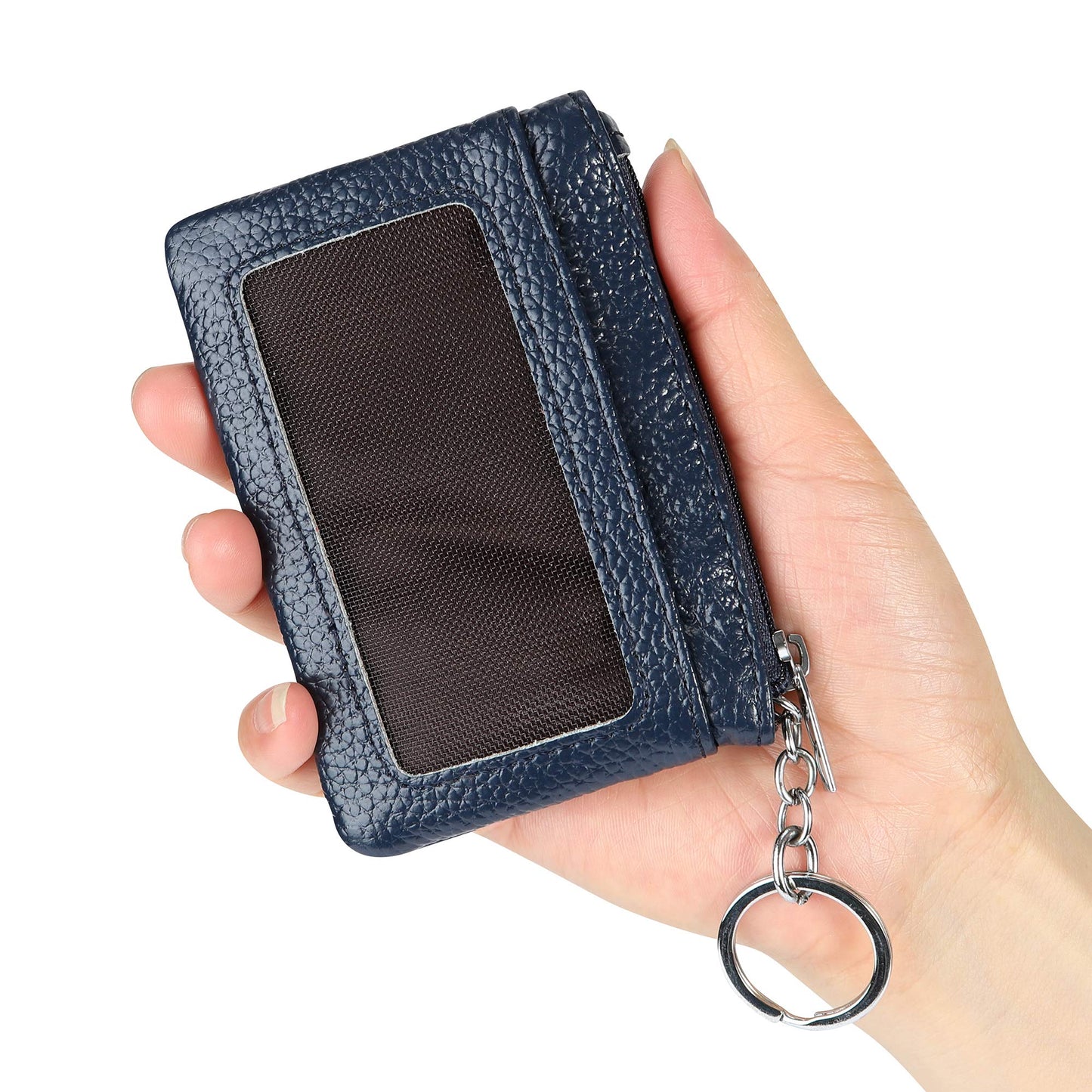 Women Genuine Leather Keychain Zipper Change Wallet Small Mini Pocket Size Coin Purse, Navy