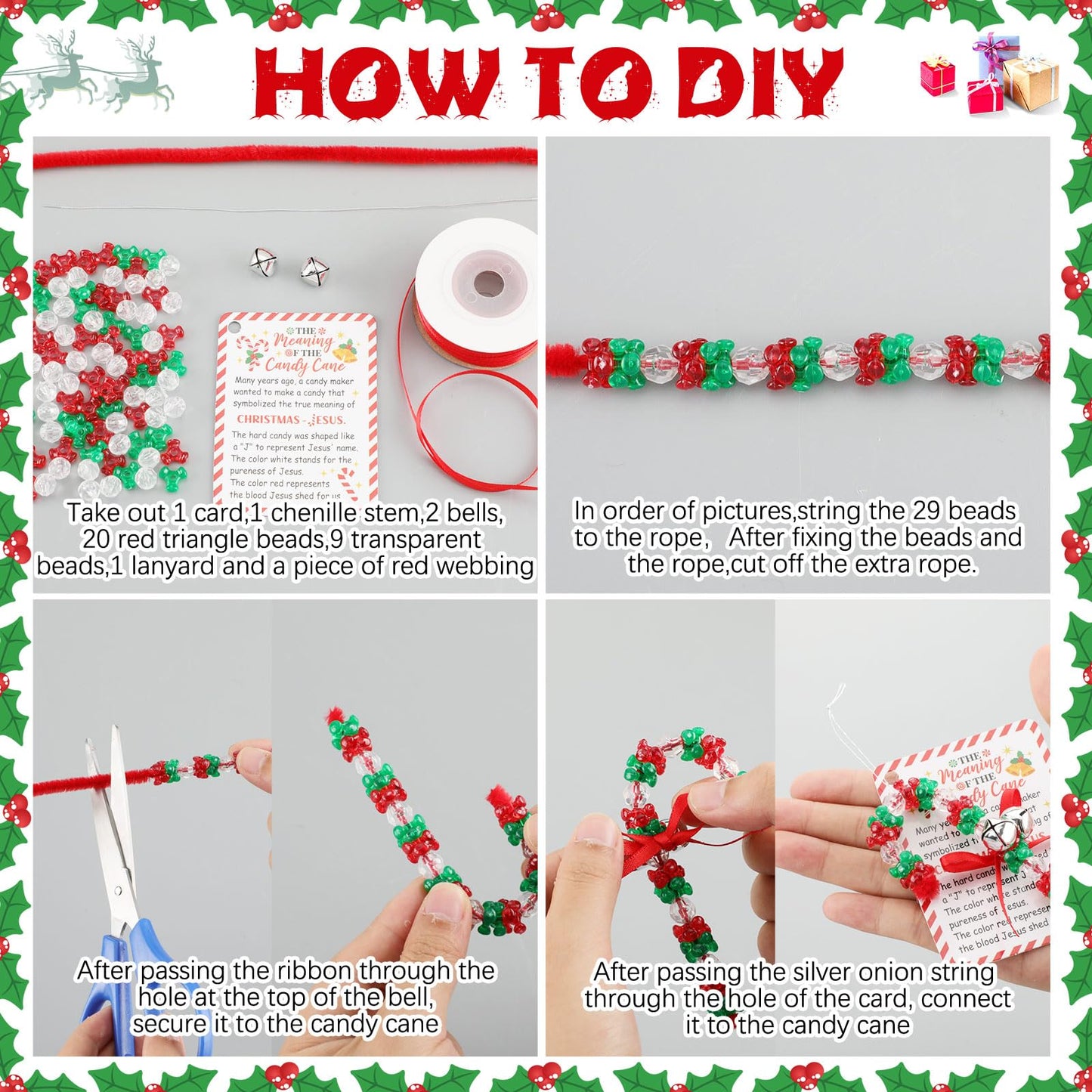 JellyArch 24 Sets Story of Candy Cane Ornament Craft Jesus Religious Christmas Beaded Ornament Kit DIY Xmas Craft Gift 696 Beads 24 Cards 48 Bells 24 Chenille Stems 1 Ribbon for Tree Decor (Red,Green)