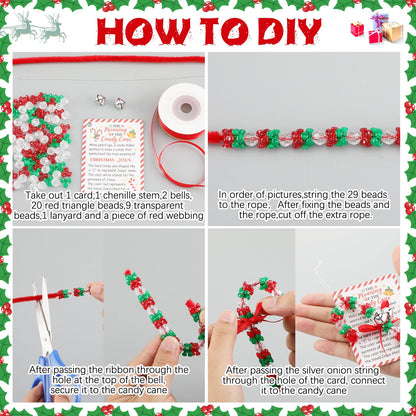 JellyArch 24 Sets Story of Candy Cane Ornament Craft Jesus Religious Christmas Beaded Ornament Kit DIY Xmas Craft Gift 696 Beads 24 Cards 48 Bells 24 Chenille Stems 1 Ribbon for Tree Decor (Red,Green)