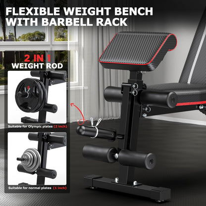 Fostoy Foldable Workout Bench, Adjustable Weight Bench for Home Gym, Multi Functional Gym Bench w/Leg Extension &Preacher Pad, Extra Headrest, Fast Folding Strength Training Incline Sit up Bench 800LB