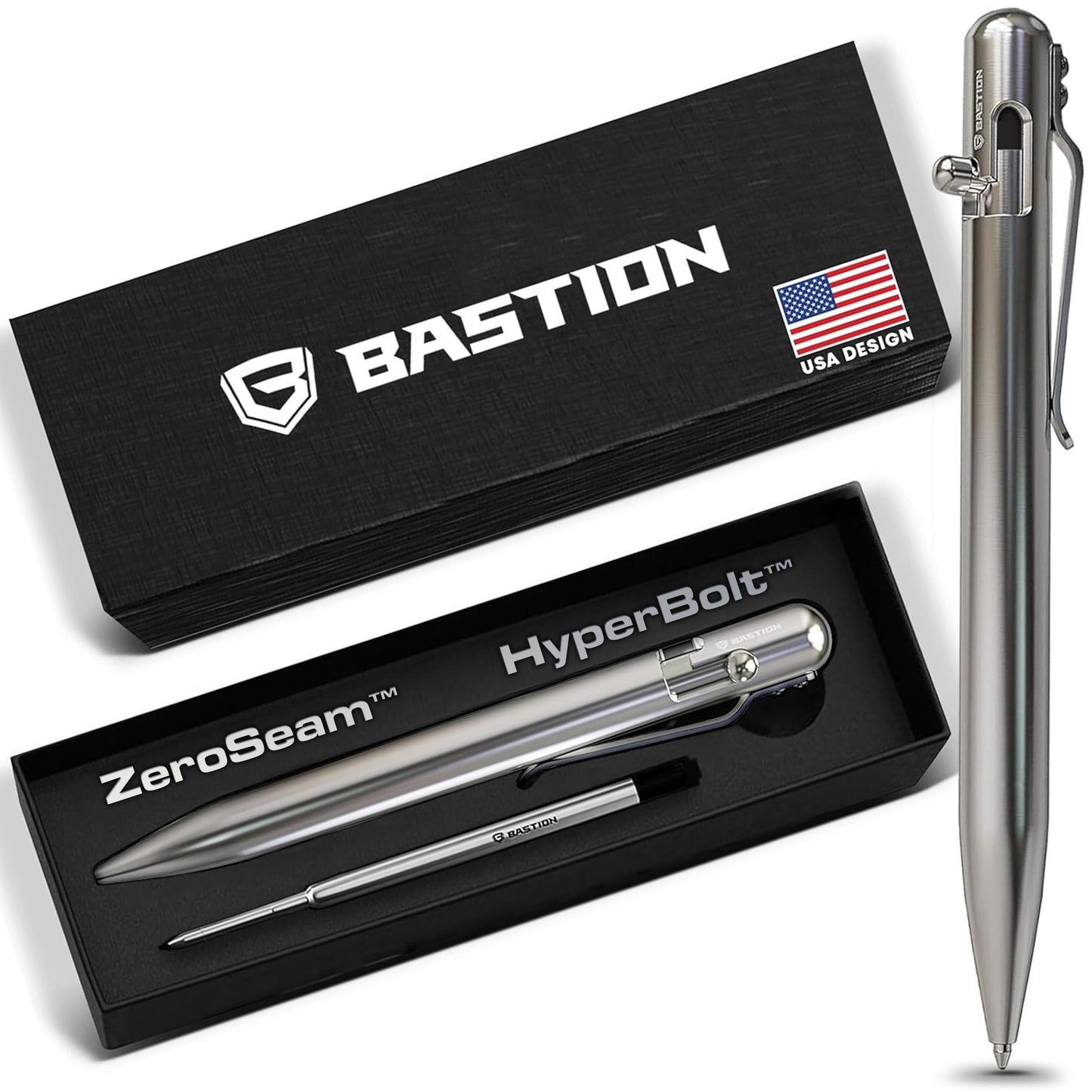 BASTION Luxury Executive Bolt-Action Ballpoint Pen for Men & Women | Ink Refillable Retractable Office Business Writing Pen | Glass Breaker Metal Self-Defense EDC (Stainless Steel)