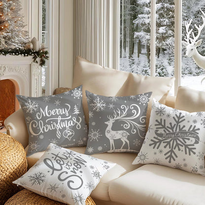Artmag Merry Christmas Throw Pillow Covers 16x16 inch Snowflakes Let it Snow Moose Winter Holiday Grey Cushion Case for Coach Sofa Decorations Set of 4