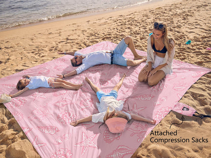 WEKAPO Beach Blanket Waterproof Sandproof Oversized, Extra Large Beach Mat Sand Free, Lightweight & Compact Sand Free Mat with 6 Stakes & 4 Corner Pockets (Pink Sea Shells, 11 x 9 FT (1～9 Person))