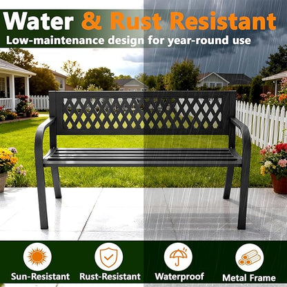 Outdoor Bench, Garden Patio Park Entryway Metal Bench with Comfortable Backrest, Sturdy Heavy Duty Loveseat Front Porch Backyard Lawn Furniture for Outside