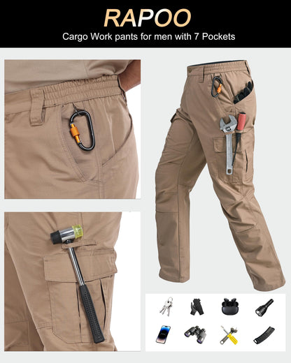 Rapoo Cargo Pants for Men Work Hiking Tactical Army Casual Pants for Men with Multi Pockets Water Resistant Mens Ripstop Breathable Outdoor Pants Khaki 42Wx34L