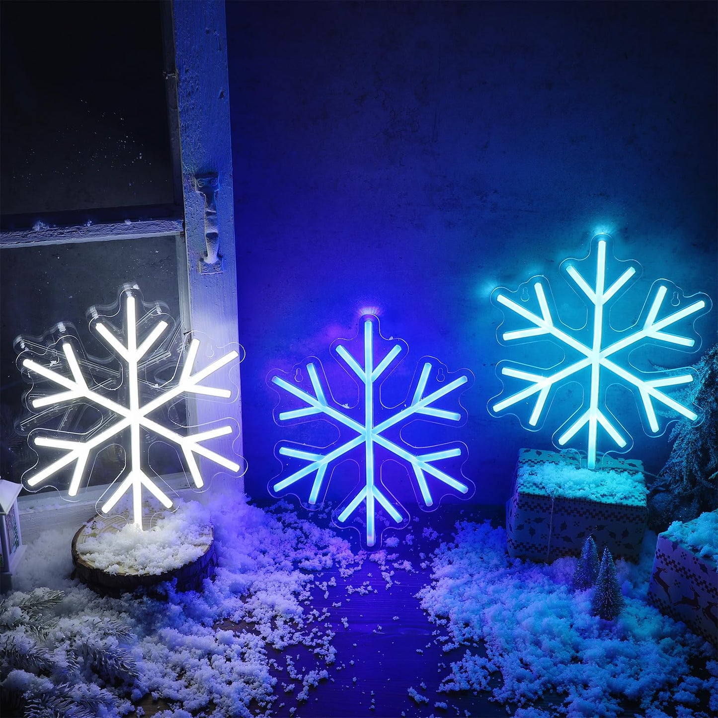 ROCEEI 3 Pcs Snowflake Neon Sign, Snowflake LED Lights Winter Neon Lights USB Window Wall Bar Living Room Decor for Winter Christmas Party Holiday Night Bedroom Gifts