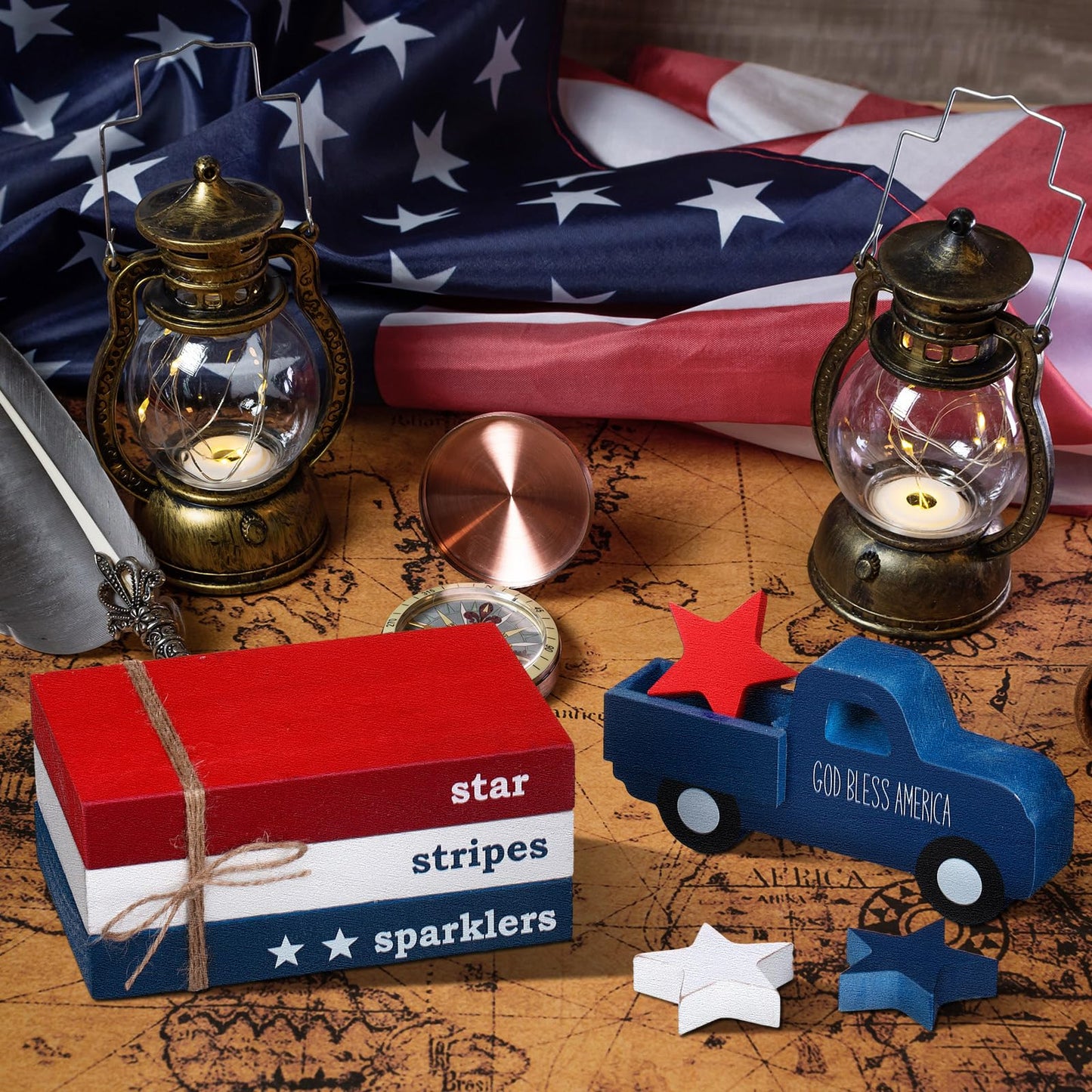 DoubleFill 7 Pcs 4th of July Decoration Patriotic Red White Blue Tiered Tray Decor 250th Anniversary Table Decor Centerpiece American Wood Faux Book Sign for Memorial Veterans Day Rustic Home Shelf