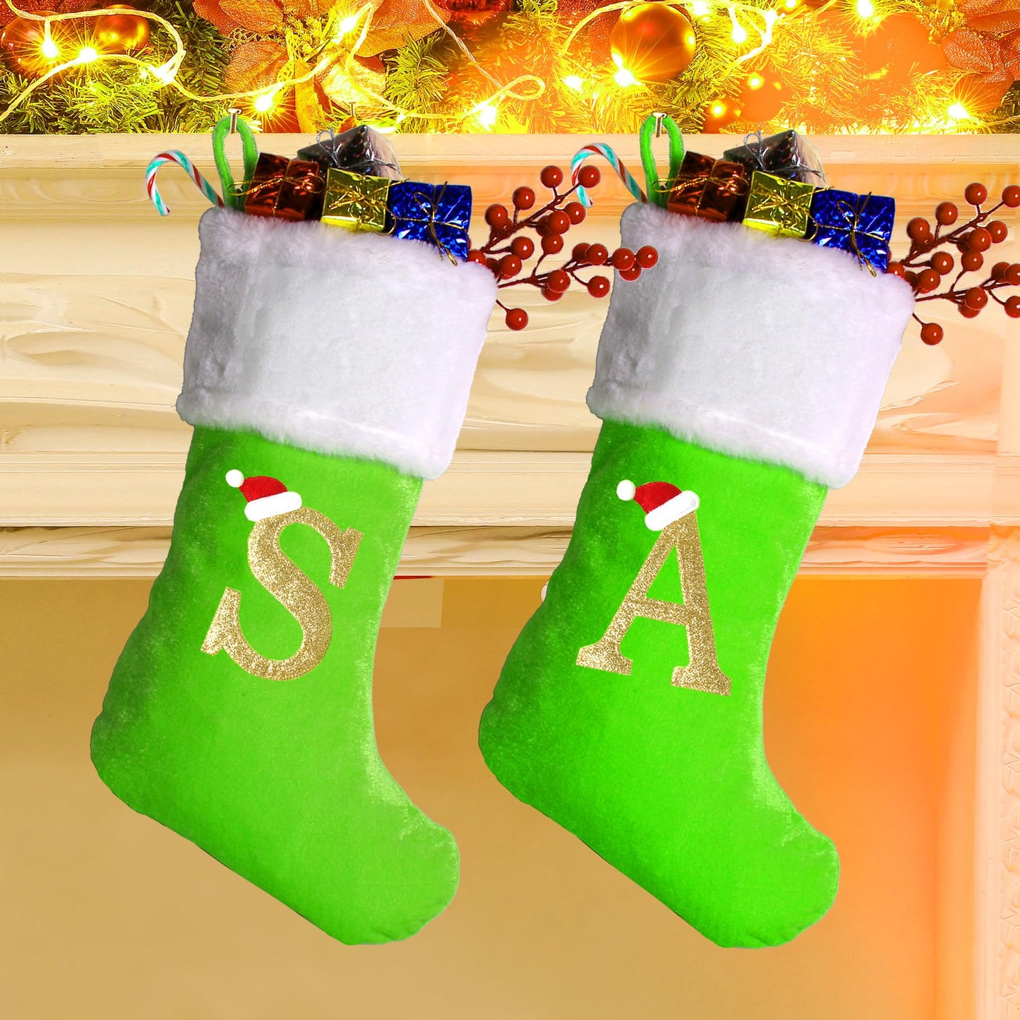 Sailup 20 Inches Monogram Christmas Stockings with Letters, Large Super Soft Christmas Stockings Green Velvet with White Super Soft Plush Cuff for Christmas Xmas Tree Holiday Fireplace Green