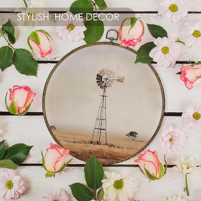 Fewgb Vintage Windmill Farmhouse Round Wall Art Decor Framed for Kitchen Bedroom Living Room, Rustic Farm House Canvas Wall Art Prints Picture, Country Cottagecore Hanging Room Decor Artwork 10x10