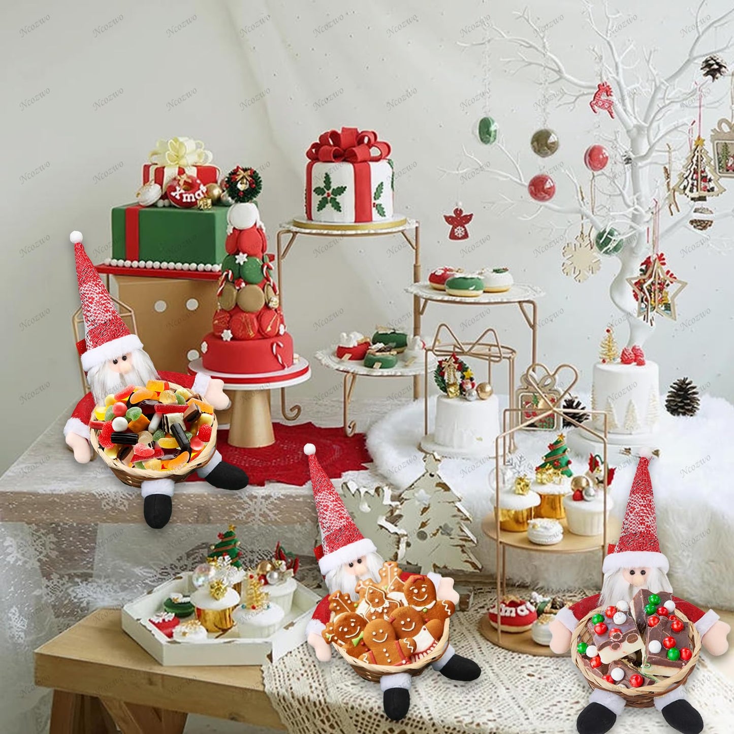 Ncozwo Christmas Candy Cookies Storage Basket Santa Claus Sweets Woven Holder Basket Xmas Snacks Bowl Candy Dish Gingerbread Chocolate Dessert Baskets for Party Winter Holiday Table Desk Decoration