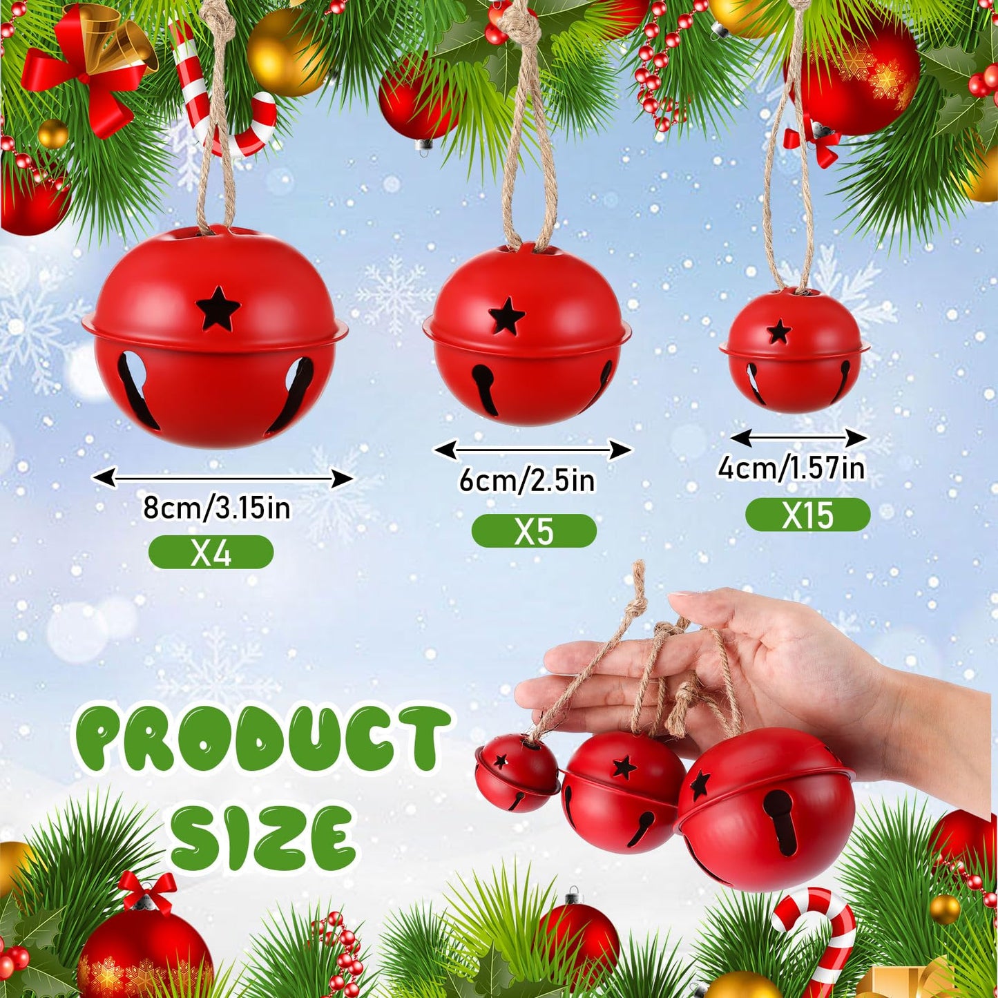Zubebe 24 Pcs Christmas Bells Ornaments Metal Sleigh Bells with 3 Sizes 1.57" 2.5" 3.15" Christmas Tree Decor for Gift Wrapping Holiday Decoration Crafting (Red)