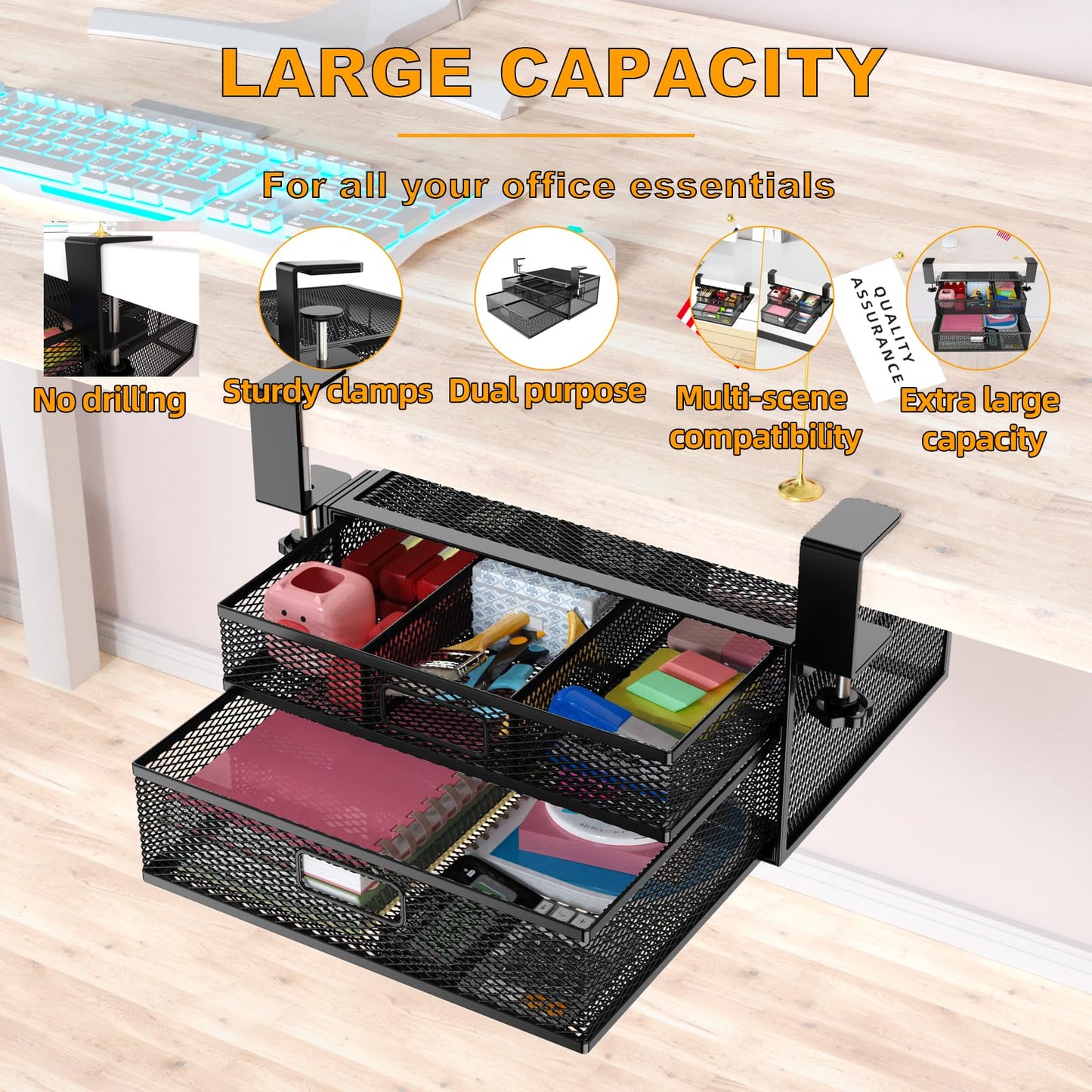 SRJZMLY Under Desk Drawer Organizer No Drill Metal Under Desk Storage Drawer Container 2 Slide Out Cabinet Drawer Suitable for Home And Office (Medium)