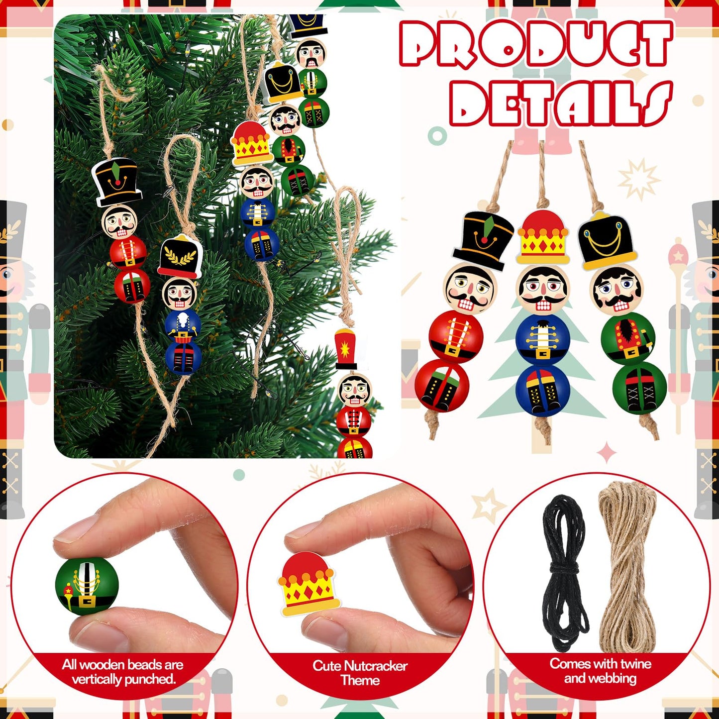Cinnvoice 240 Pcs Summer Christmas in July Wood Beads with Twine Snowman Gingerbread Man Nutcracker Wooden Bead Garland DIY Crafts Round Beads for Xmas Party Decor(Classic Nutcracker)