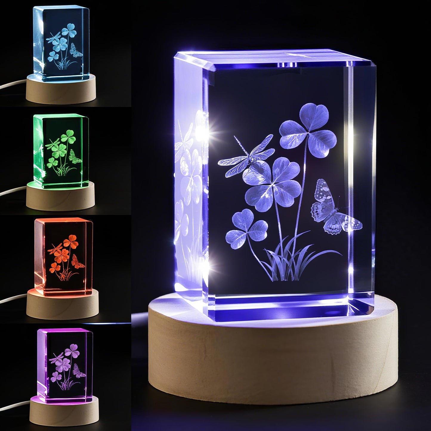 Crystal 3D Four-Leaf Clover Dragonfly & Butterfly Figurine Good Luck Gifts for Women on Birthday, Collectible Glass Plants Art for Room with LED Light Base, for Him Home Decor Paperweight