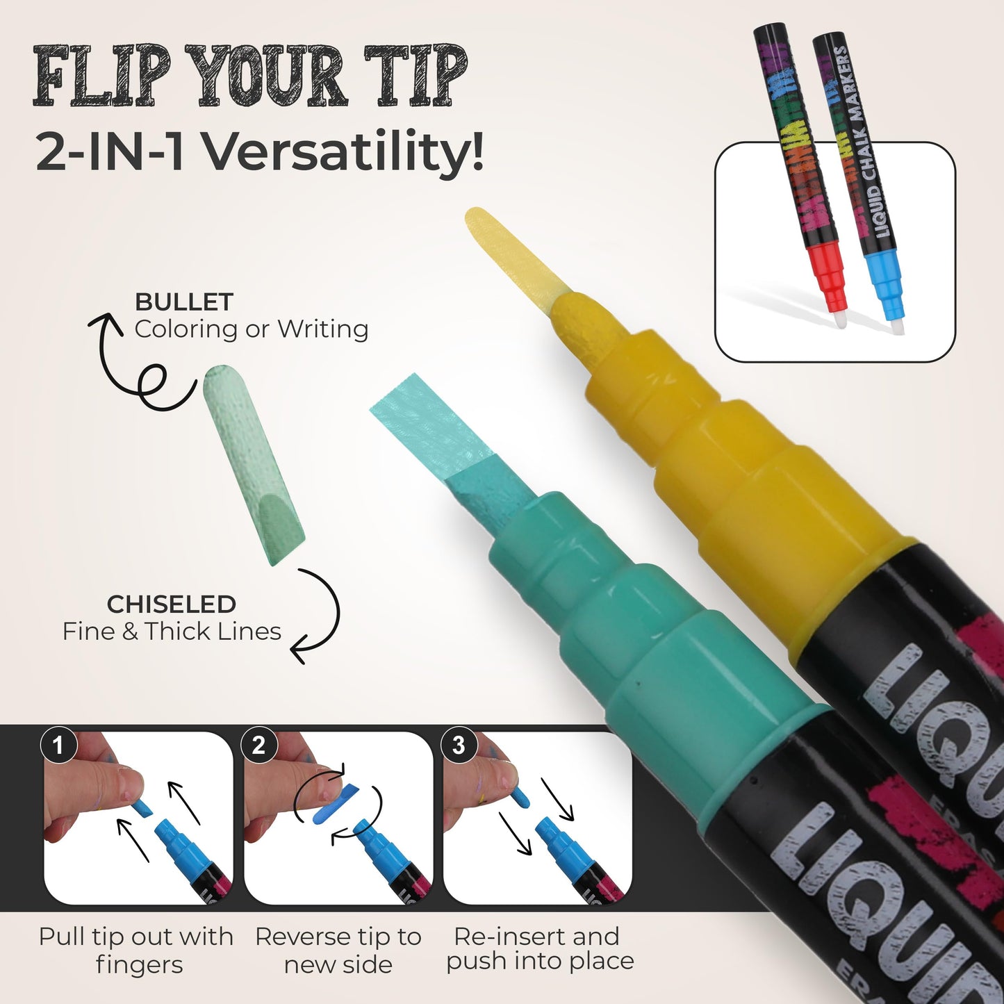 Bandle B. Chalk Markers - 24 Vibrant, Erasable, Non-Toxic, Water-Based, Reversible Tips. For Glass or Chalkboard Markers for Businesses, Restaurants, Liquid Drawing Chalk (Vibrant 6mm)