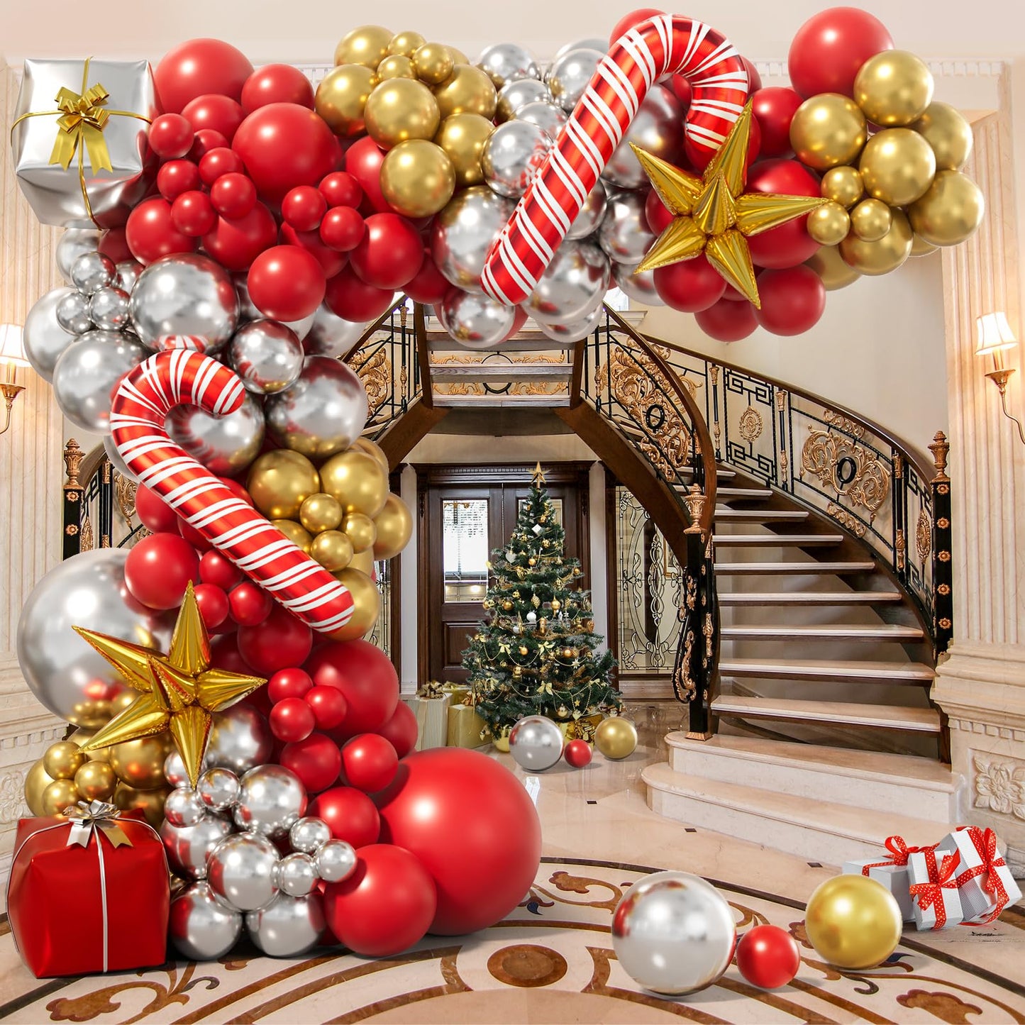 Bonropin Christmas Balloon Garland Arch Kit - Xmas Red Gold Silver Candy Cane Balloons Gift Box Starburst Balloons for New Year Winter Christmas Party Decorations