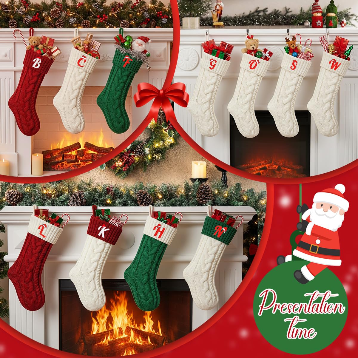 Ulico 18’’ Large Christmas Stockings with Initials, Embroidered Monogram Knit Letter Stocking,Xmas Stocking for Kids, Holiday and Family Stocking for Fireplace or Party Decoration,Green White L