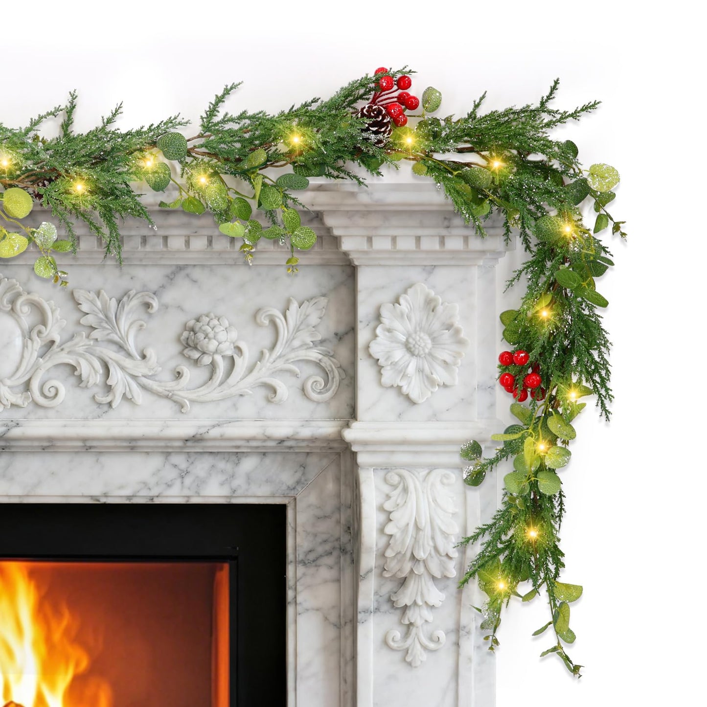 6FT Prelit Christmas Garland with Lights, Realistic Eucalyptus Garland with Artificial Cedar Cypress Leaves Red Berries Pine Cone Greenery Xmas Garland for Mantle Stair Railing Fireplace Decoration