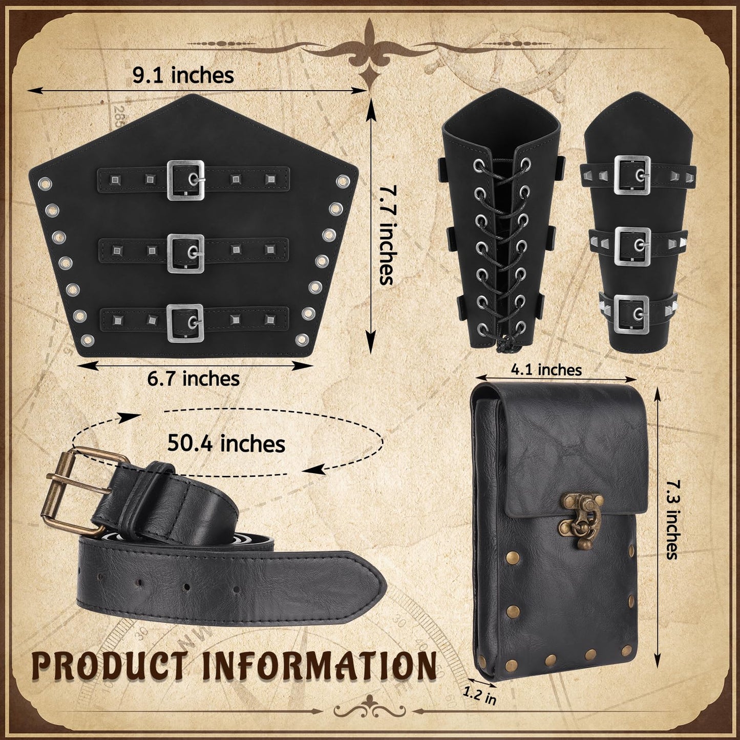 Magibag Women Renaissance Corset Belt Pouch Halloween Medieval Renaissance Costume Accessories (Black Arm Guards Set, L/Waist 32"-43")