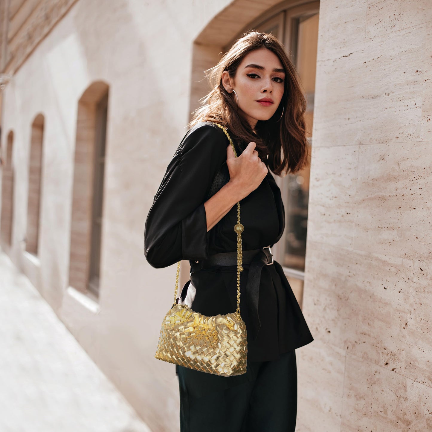 Joryin Woven Women's Crossbody Bag & Evening Purse, Trendy Dumpling Clutch & Hobo Cloud Shoulder Bag Trendy Dumpling Clutch Vegan Leather, Golden