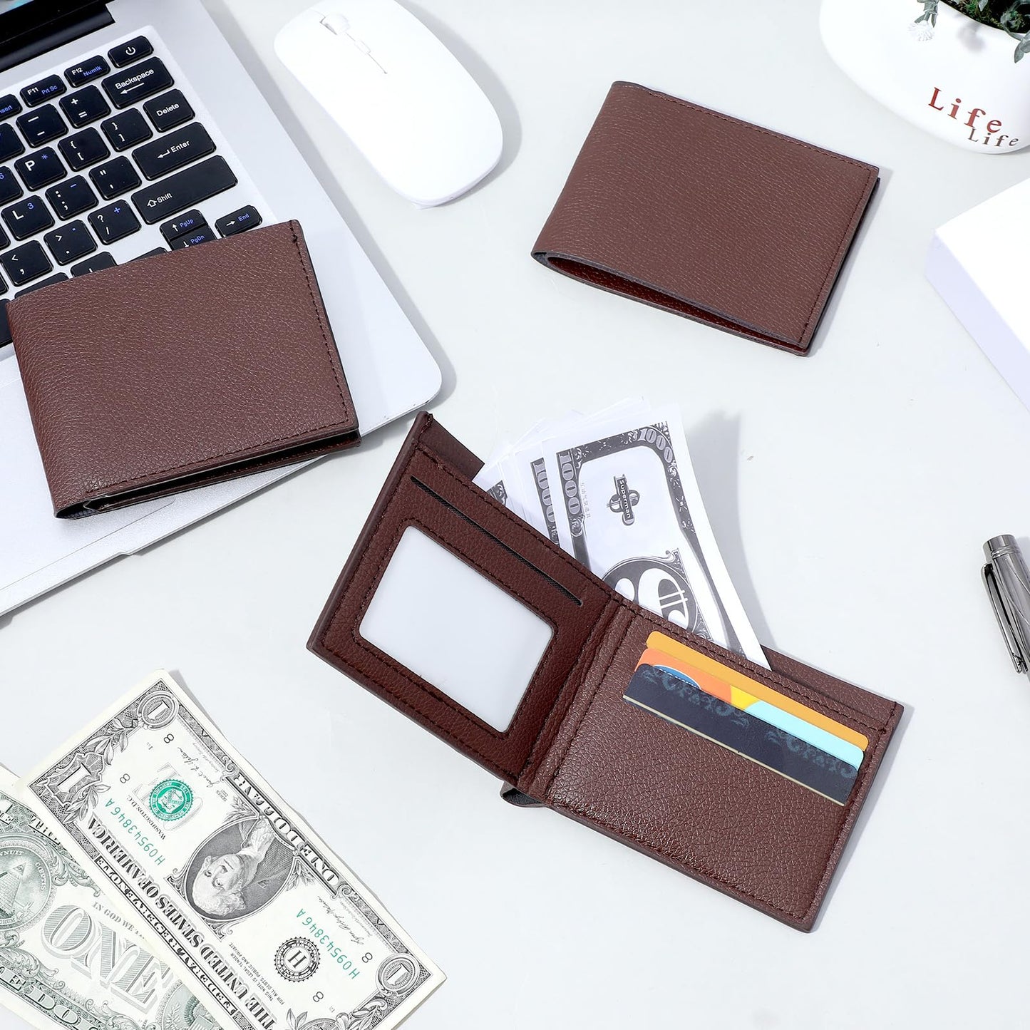 MAQUITA 24 Pcs PU Leather Bifold Wallets for Men, Men’s Wallet Bulk for DIY Engraving with Money Clip & Card Holder (Khaki)