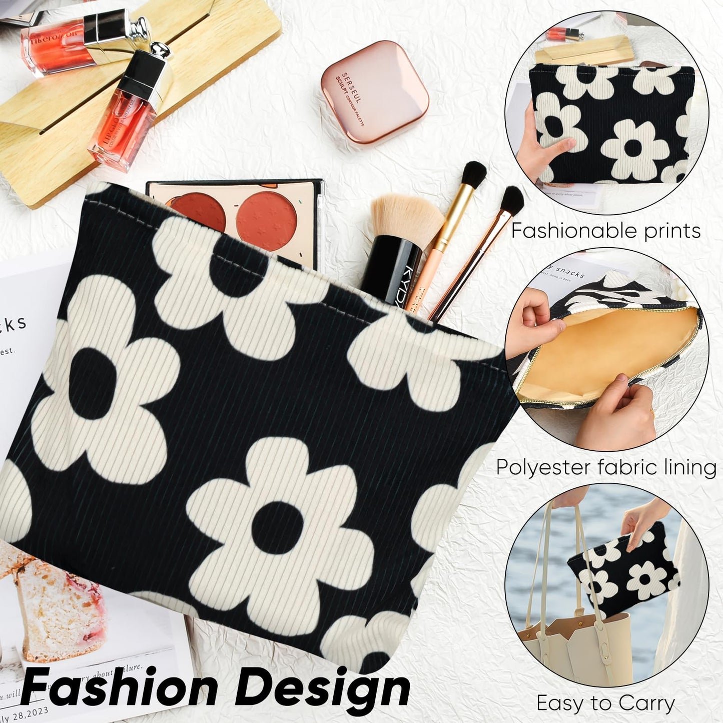 Ksriylm Cute Makeup Pouch for Women Flower Small Make Up Bag for Purse Zipper Initial Cosmetic Bags Pouches for Purse Aesthetic Travel Toiletrybags Gift,Black White Floral