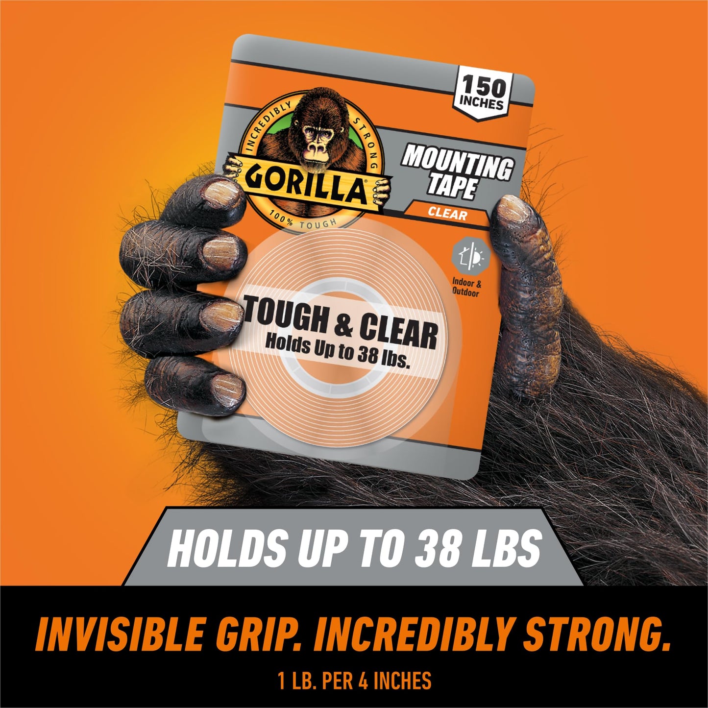 Gorilla Tough & Clear Double Sided Mounting Tape, Clear Tape, 1" x 150" (Pack of 2) - Weatherproof for Indoor or Outdoor